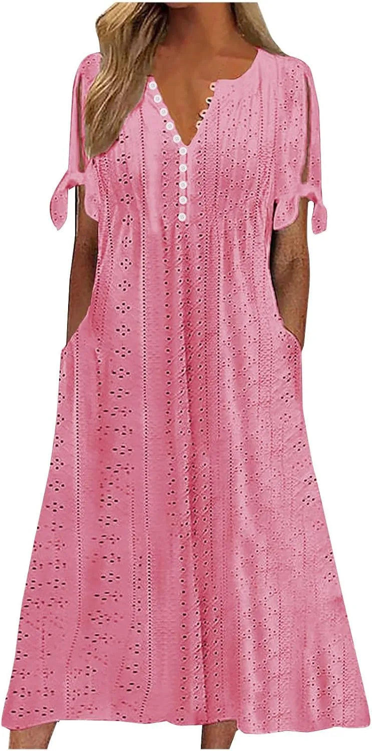 Maxi Dresses for Women 2025 Trendy Short Sleeve Eyelet Summer Dress V Neck Plus Size Casual Beach Vacation Sundress