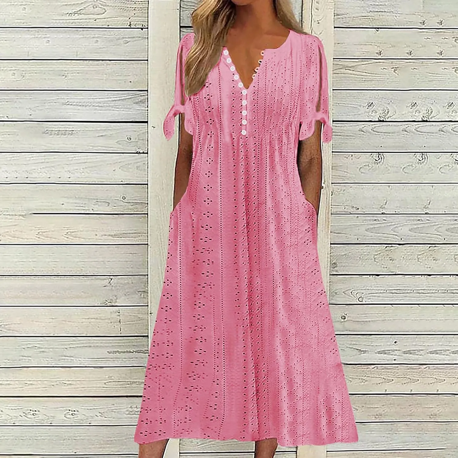 Maxi Dresses for Women 2025 Trendy Short Sleeve Eyelet Summer Dress V Neck Plus Size Casual Beach Vacation Sundress