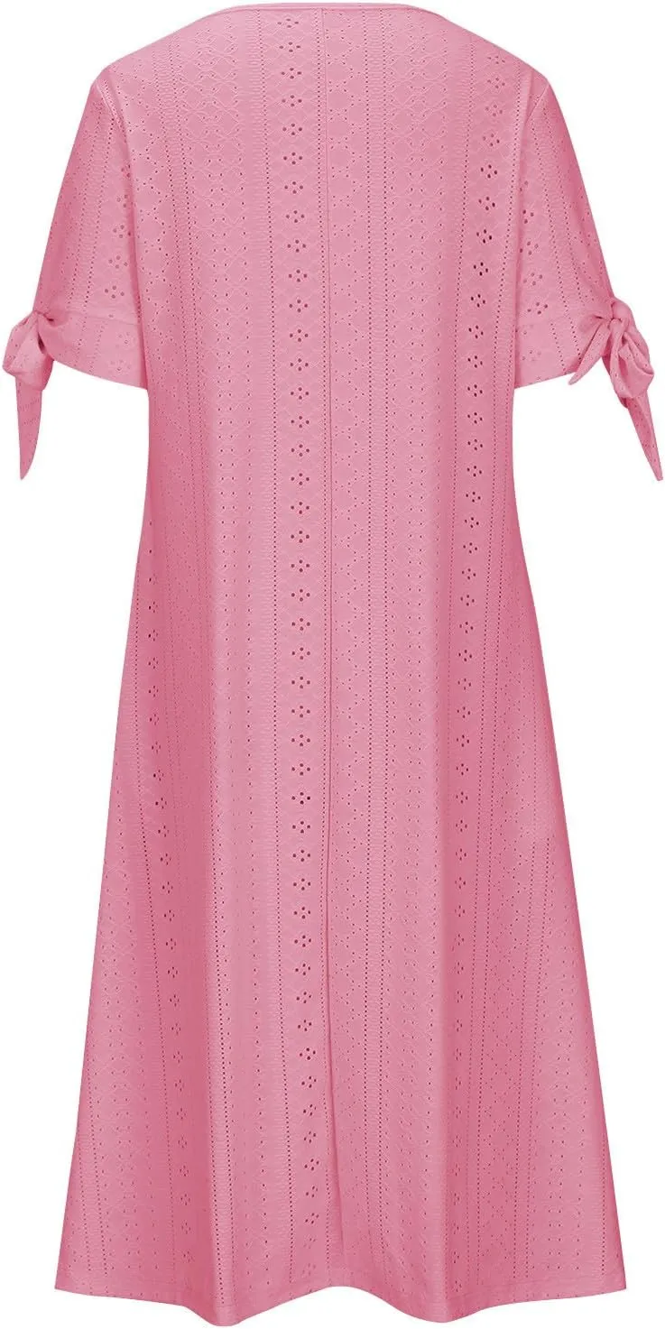 Maxi Dresses for Women 2025 Trendy Short Sleeve Eyelet Summer Dress V Neck Plus Size Casual Beach Vacation Sundress