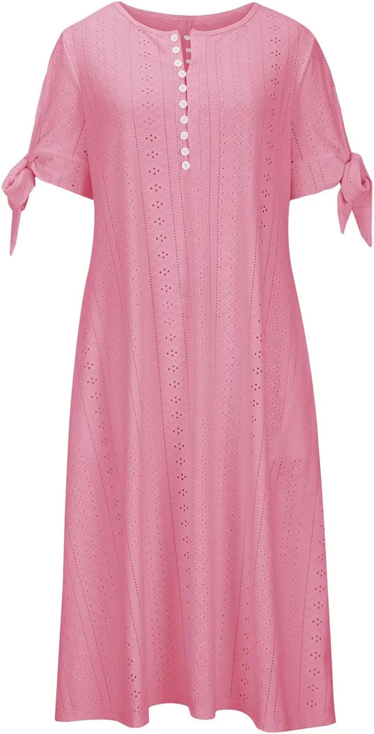 Maxi Dresses for Women 2025 Trendy Short Sleeve Eyelet Summer Dress V Neck Plus Size Casual Beach Vacation Sundress