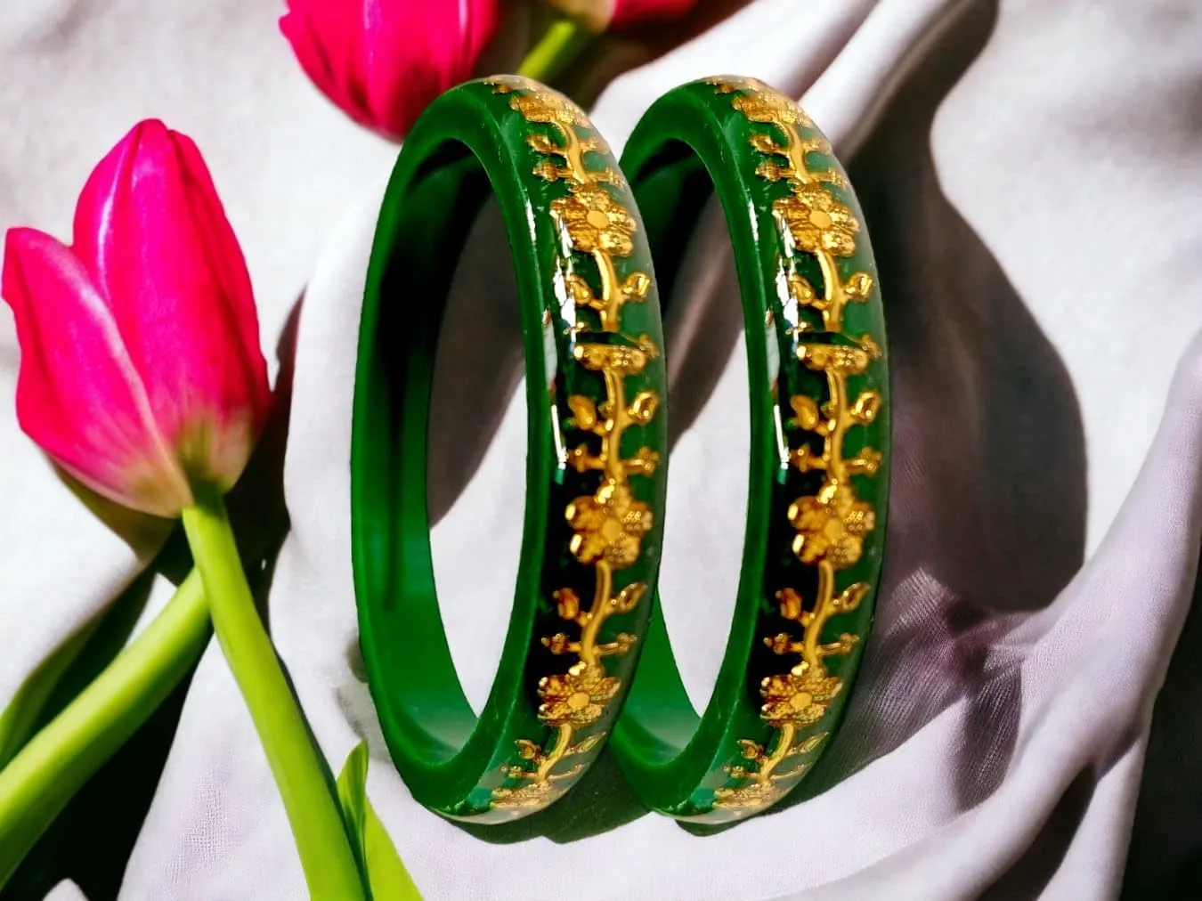 Meenakshi imitation Set of 2 Handcrafted Green Micro Gold Plated Laminated Plastic Bangles Bollywood Designer Jewelry With Box Gift For Her Bangle Bracelets