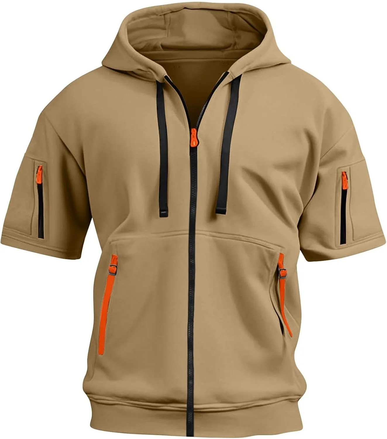 Men's Cargo Tactical Hoodies Short Sleeve Hooded Full Zip Sweatshirts Gym Athletic Outdoor Pullover Tops