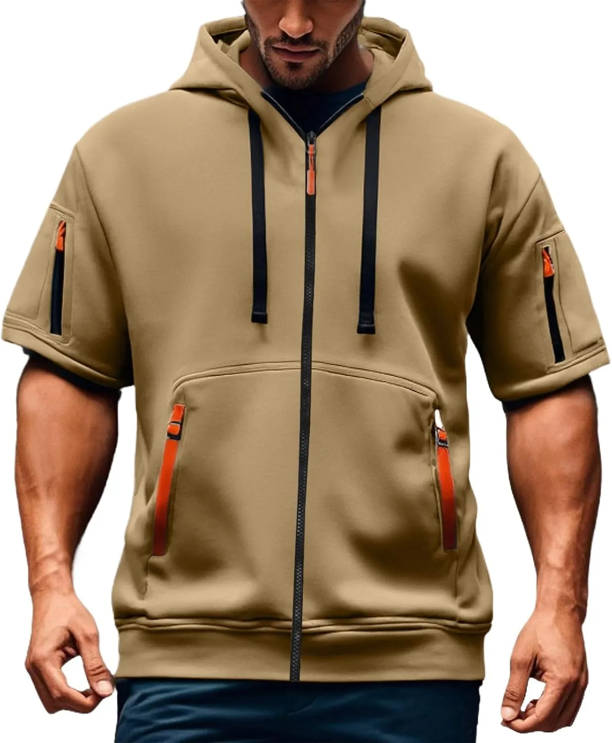 Men's Cargo Tactical Hoodies Short Sleeve Hooded Full Zip Sweatshirts Gym Athletic Outdoor Pullover Tops
