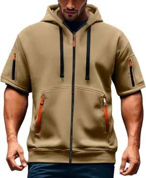 Men's Cargo Tactical Hoodies Short Sleeve Hooded Full Zip Sweatshirts Gym Athletic Outdoor Pullover Tops