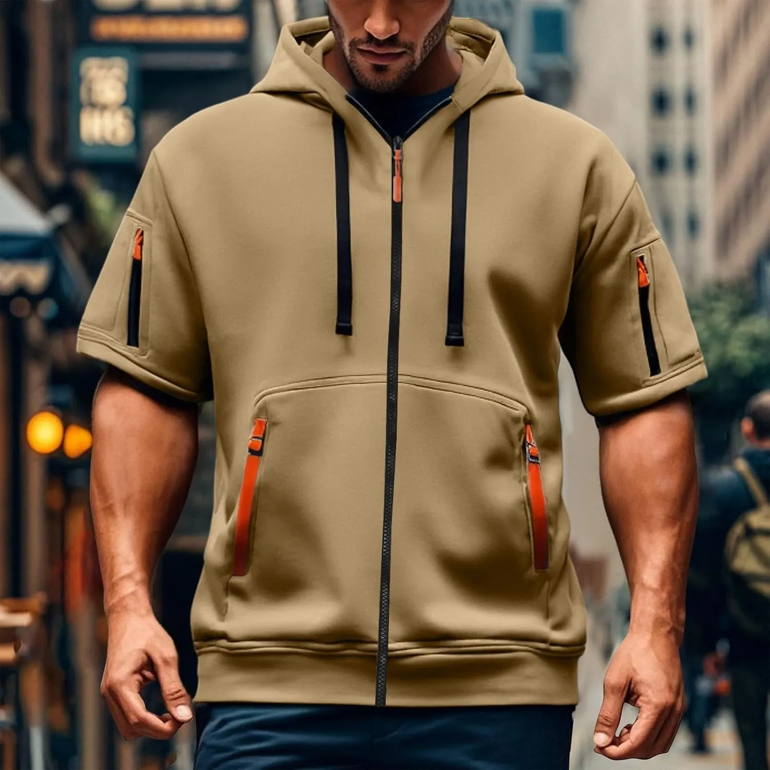 Men's Cargo Tactical Hoodies Short Sleeve Hooded Full Zip Sweatshirts Gym Athletic Outdoor Pullover Tops