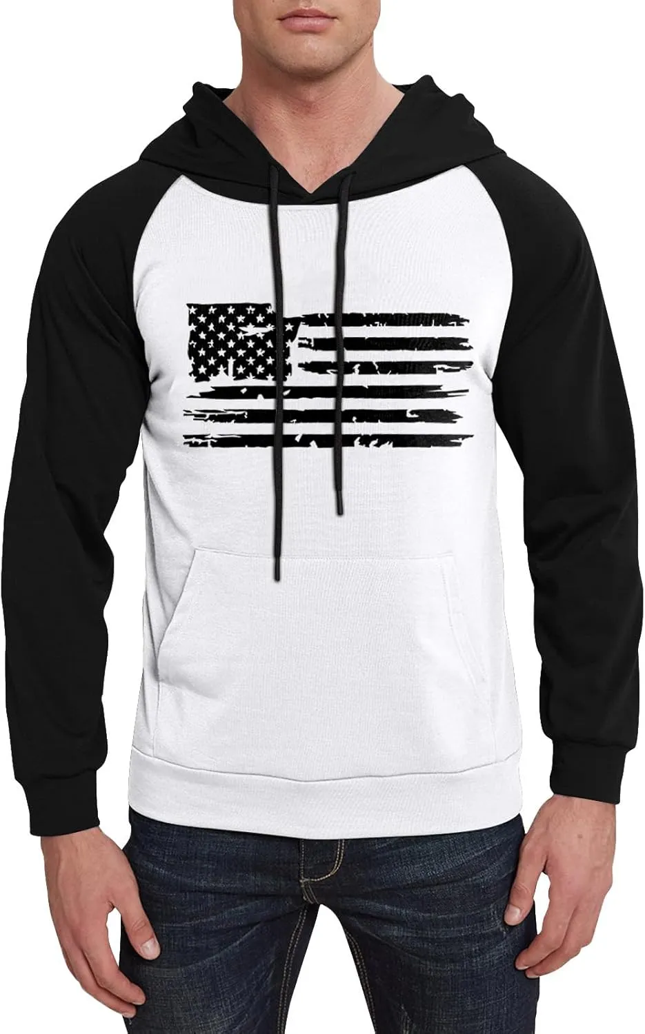 Mens Hoodies Pullover For Fashion Flag Print Sport Drawstring Causal With Pockets Long Sleeve Sweatshirts