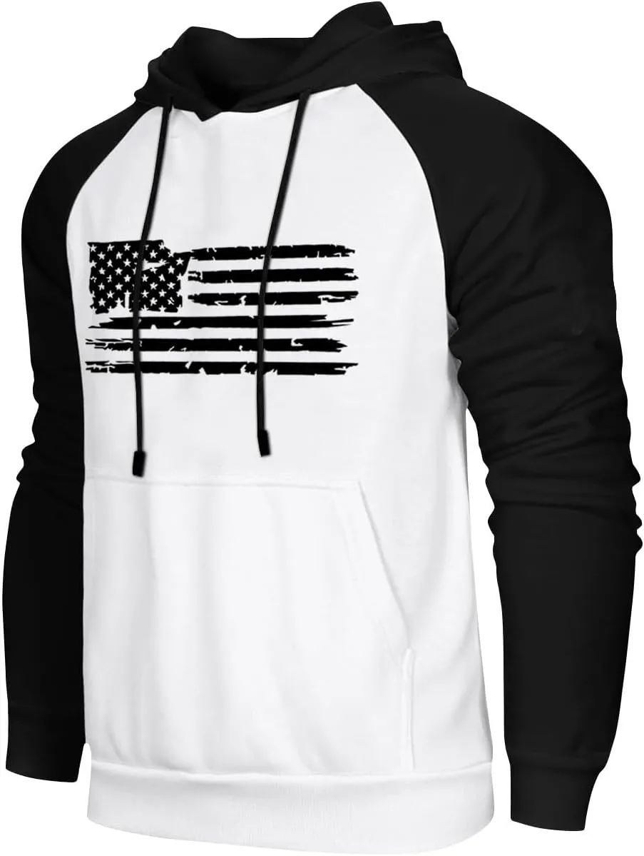 Mens Hoodies Pullover For Fashion Flag Print Sport Drawstring Causal With Pockets Long Sleeve Sweatshirts