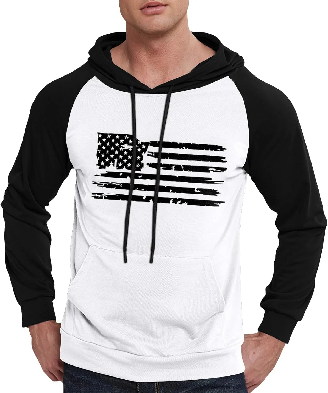 Mens Hoodies Pullover For Fashion Flag Print Sport Drawstring Causal With Pockets Long Sleeve Sweatshirts