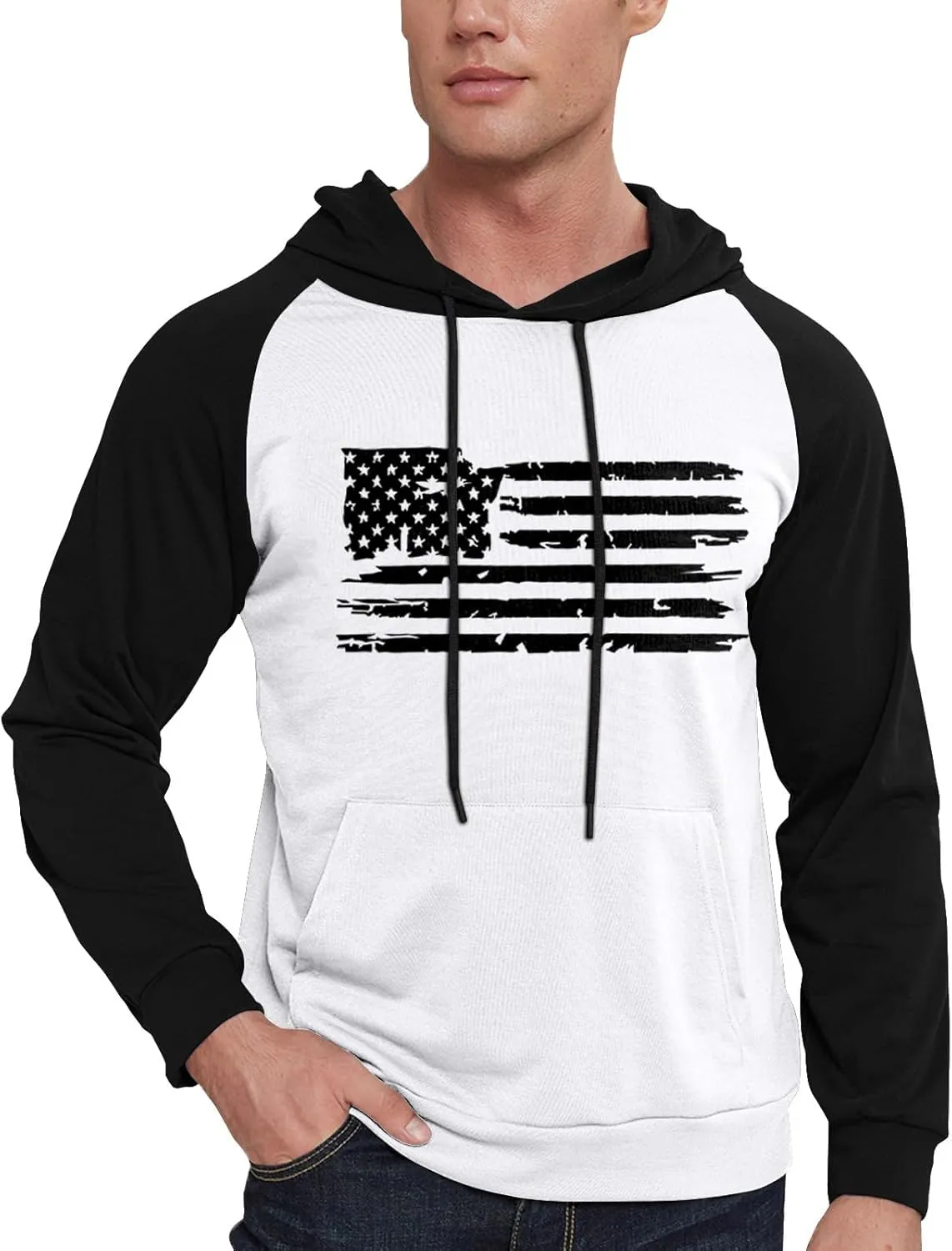 Mens Hoodies Pullover For Fashion Flag Print Sport Drawstring Causal With Pockets Long Sleeve Sweatshirts