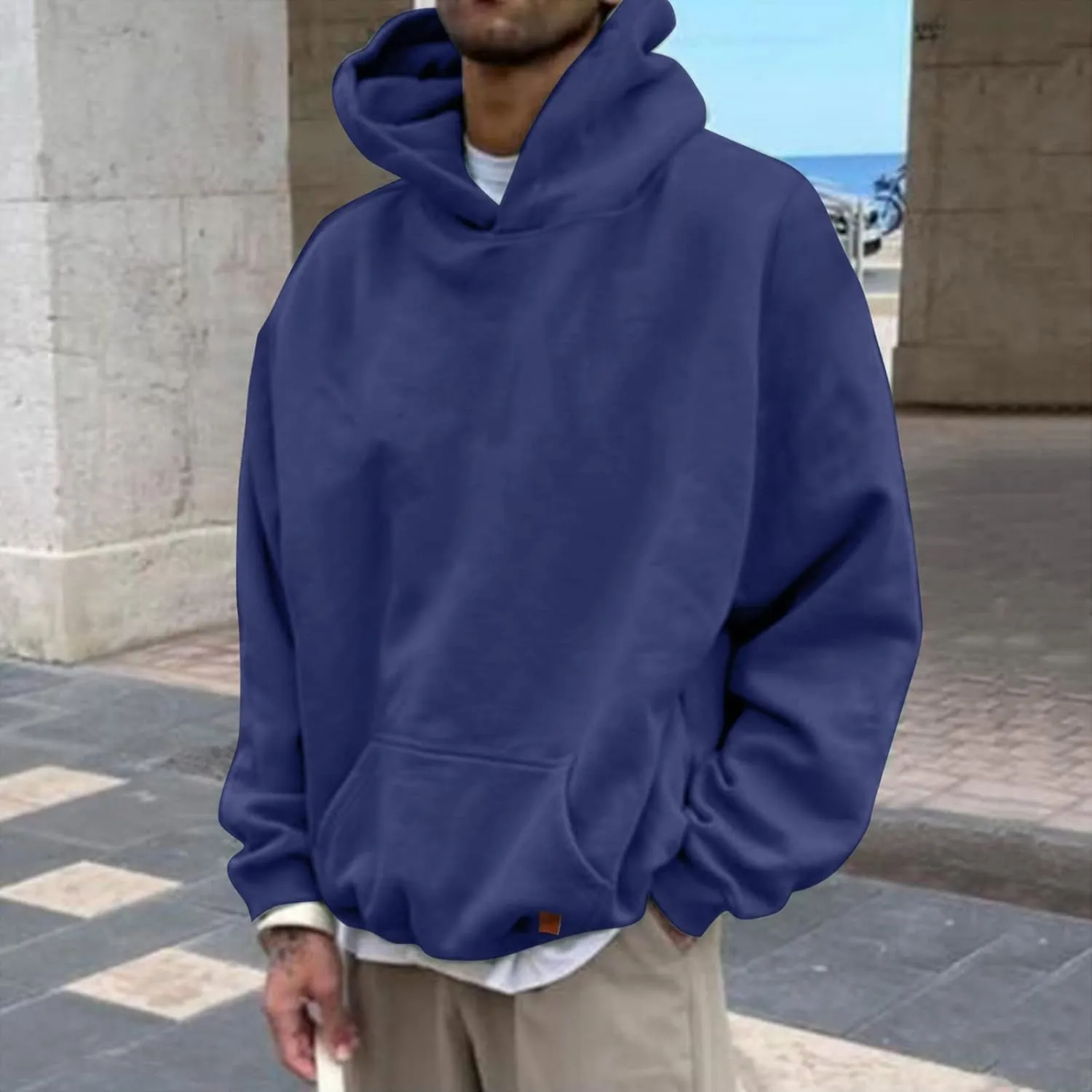 Mens Oversized Hoodies Pullover Solid Vintage Long Sleeve Sweatshirt Heavyweight Baggy Streetwear Top Athletic