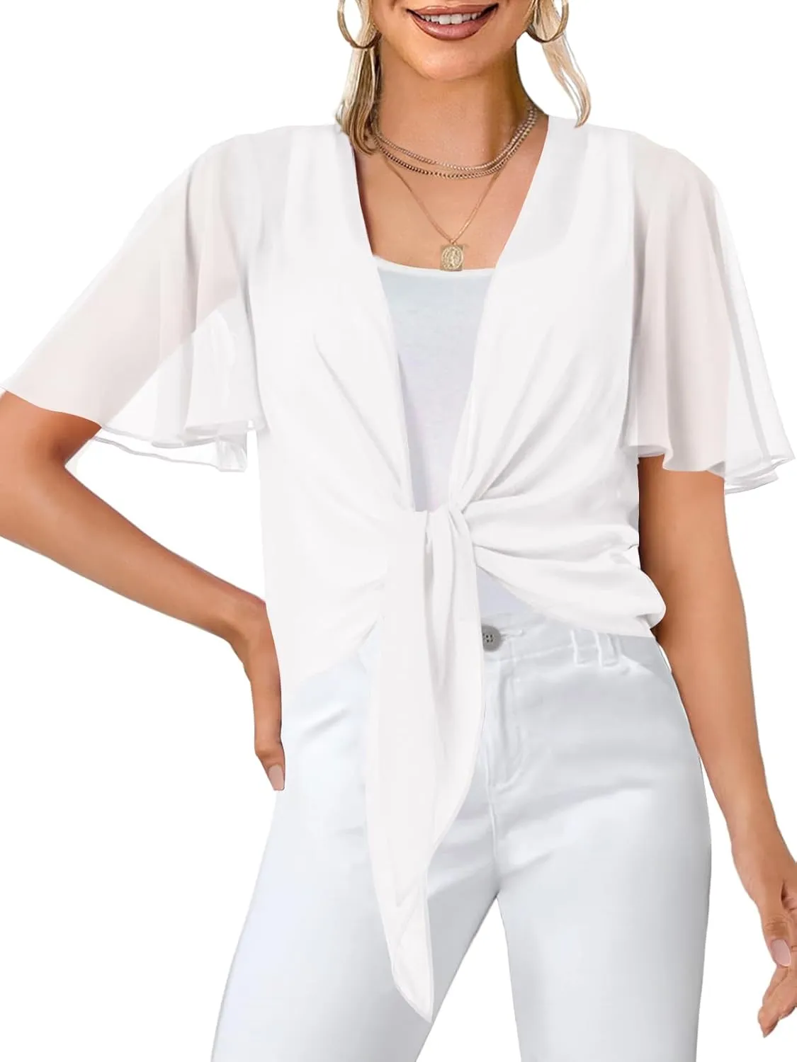 MEROKEETY Women's Summer Lightweight Sheer Shrugs Tie Front Chiffon Cardigan Cover Up Shawls for Evening Dresses