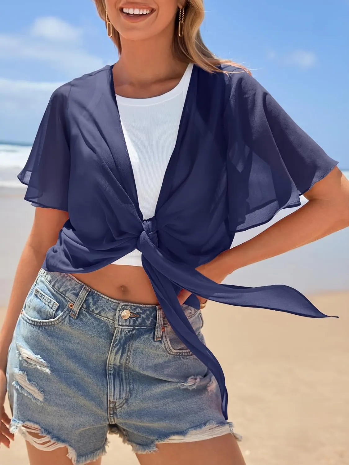 MEROKEETY Women's Summer Lightweight Sheer Shrugs Tie Front Chiffon Cardigan Cover Up Shawls for Evening Dresses