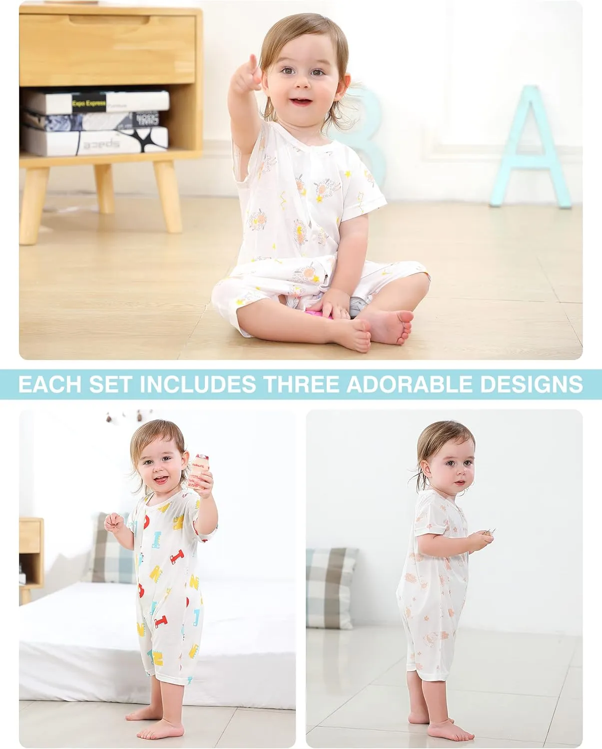 MICHLEY Baby Rompers 3-Pack, Long Short-Sleeve Jumpsuits for 3-24 Months Boys Girls Soft Infant Toddler Casual Wear