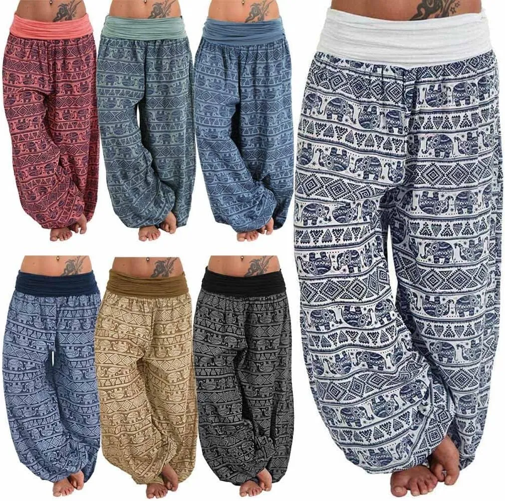 Miyaomn Stylish Boho Print Harem Pants for Women Stretch High Waisted Yoga Lounge Trousers Baggy Hippie Gypsy Casual Joggers