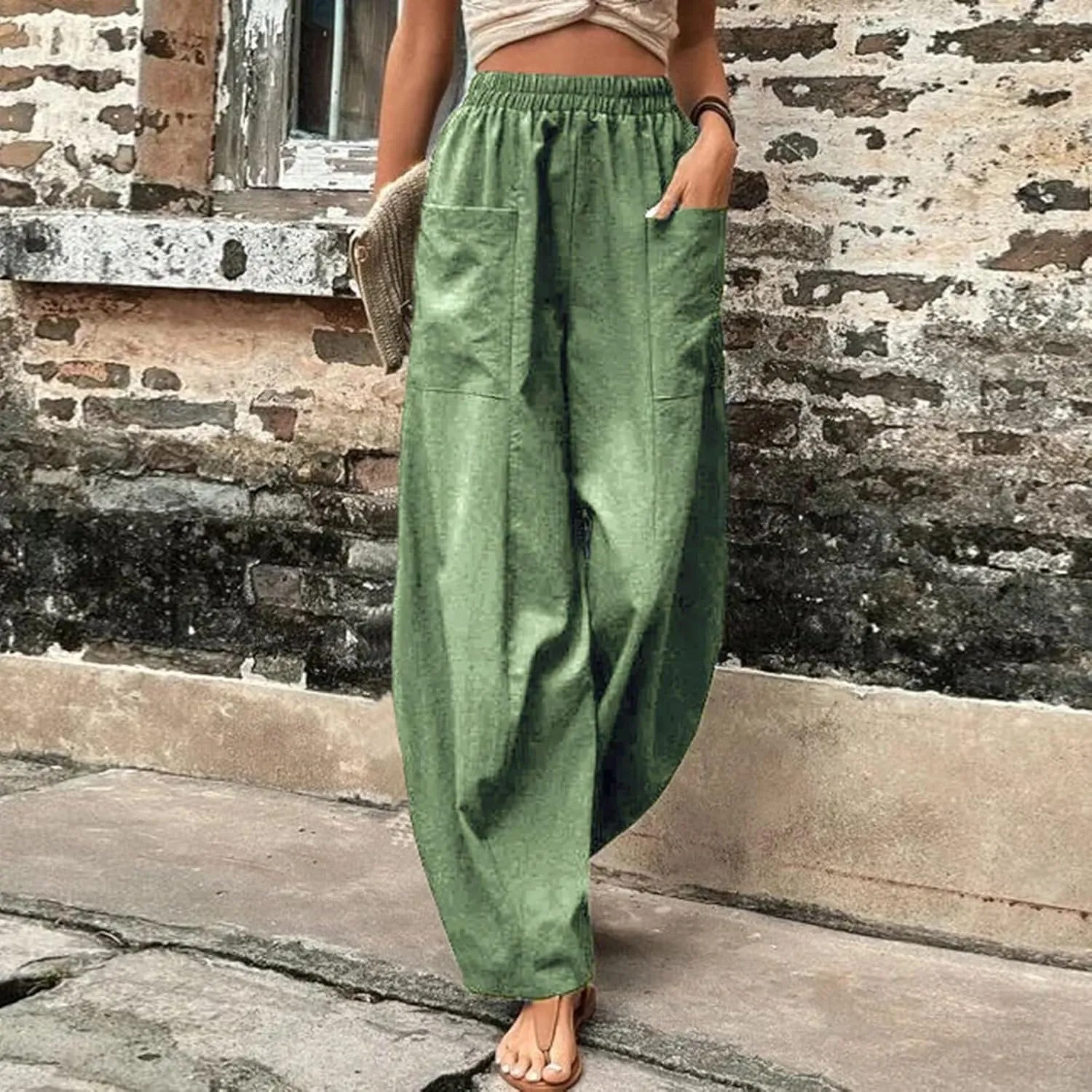 Miyaomn Women's Casual Solid Loose Harem Pants Elastic Waist Wide Leg Lantern Slacks Baggy Lounge Trousers with Front Pockets