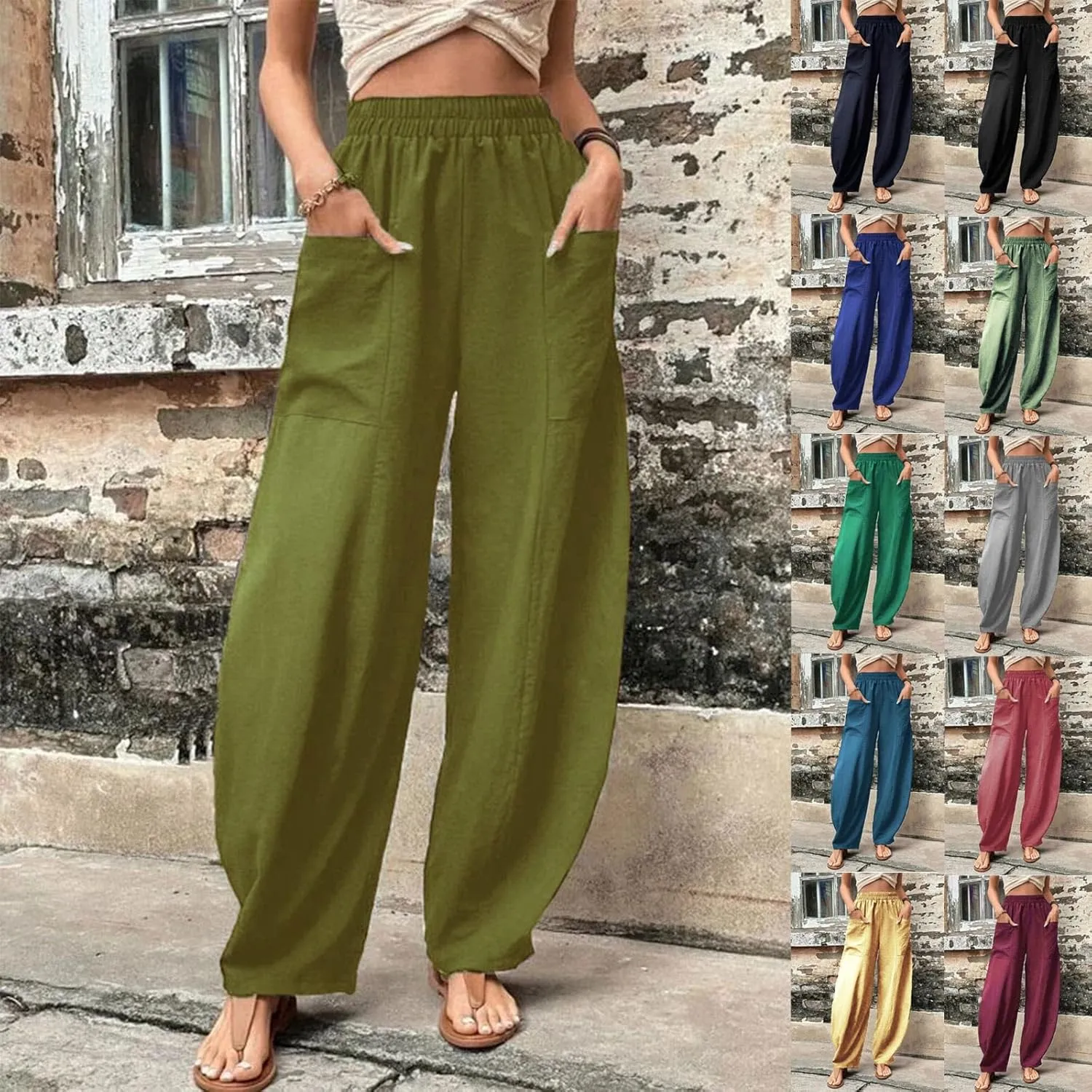 Miyaomn Women's Casual Solid Loose Harem Pants Elastic Waist Wide Leg Lantern Slacks Baggy Lounge Trousers with Front Pockets
