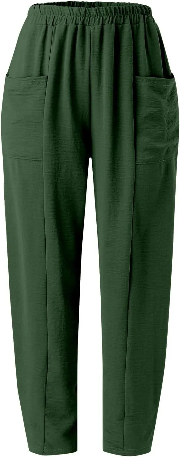 Miyaomn Women's Casual Solid Loose Harem Pants Elastic Waist Wide Leg Lantern Slacks Baggy Lounge Trousers with Front Pockets