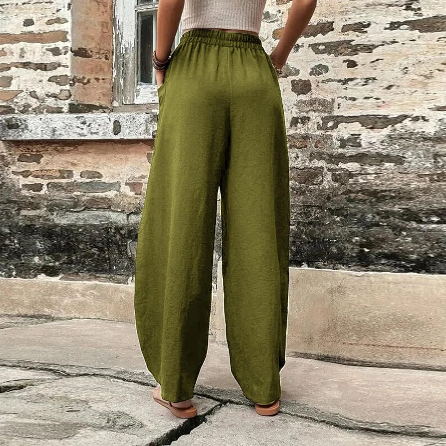 Miyaomn Women's Casual Solid Loose Harem Pants Elastic Waist Wide Leg Lantern Slacks Baggy Lounge Trousers with Front Pockets