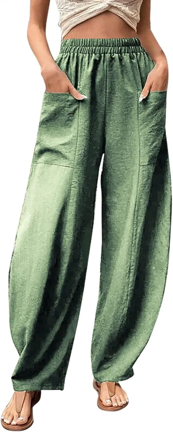Miyaomn Women's Casual Solid Loose Harem Pants Elastic Waist Wide Leg Lantern Slacks Baggy Lounge Trousers with Front Pockets