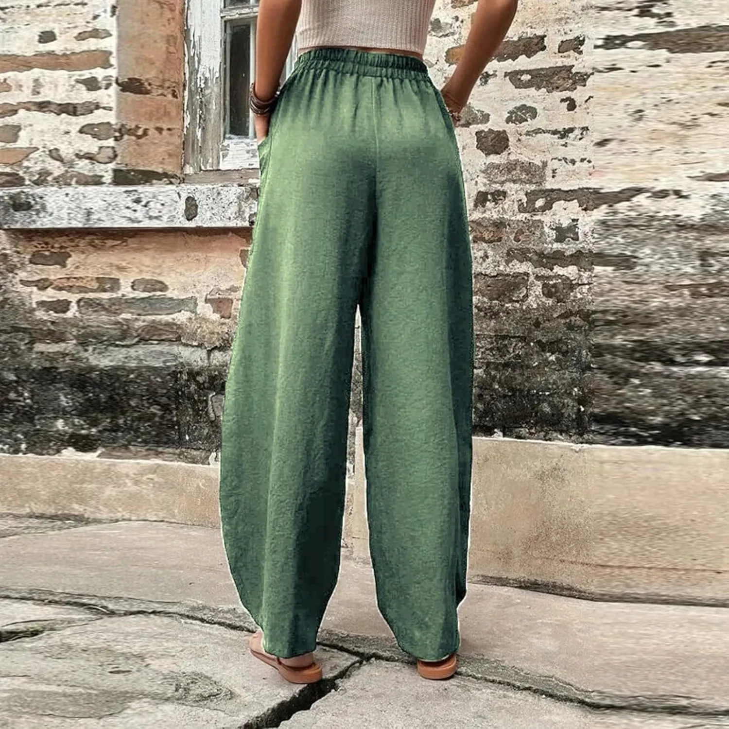 Miyaomn Women's Casual Solid Loose Harem Pants Elastic Waist Wide Leg Lantern Slacks Baggy Lounge Trousers with Front Pockets