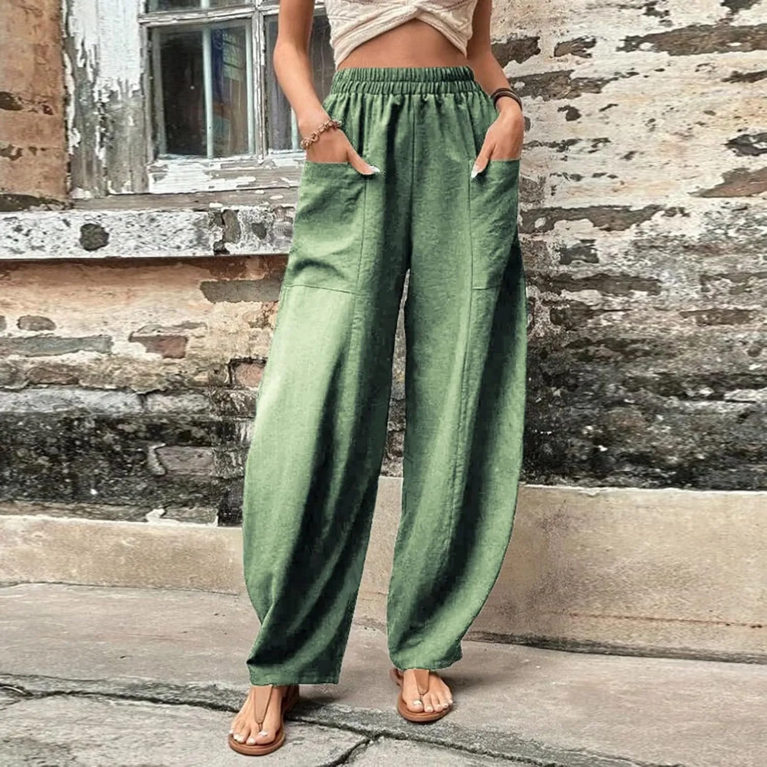 Miyaomn Women's Casual Solid Loose Harem Pants Elastic Waist Wide Leg Lantern Slacks Baggy Lounge Trousers with Front Pockets