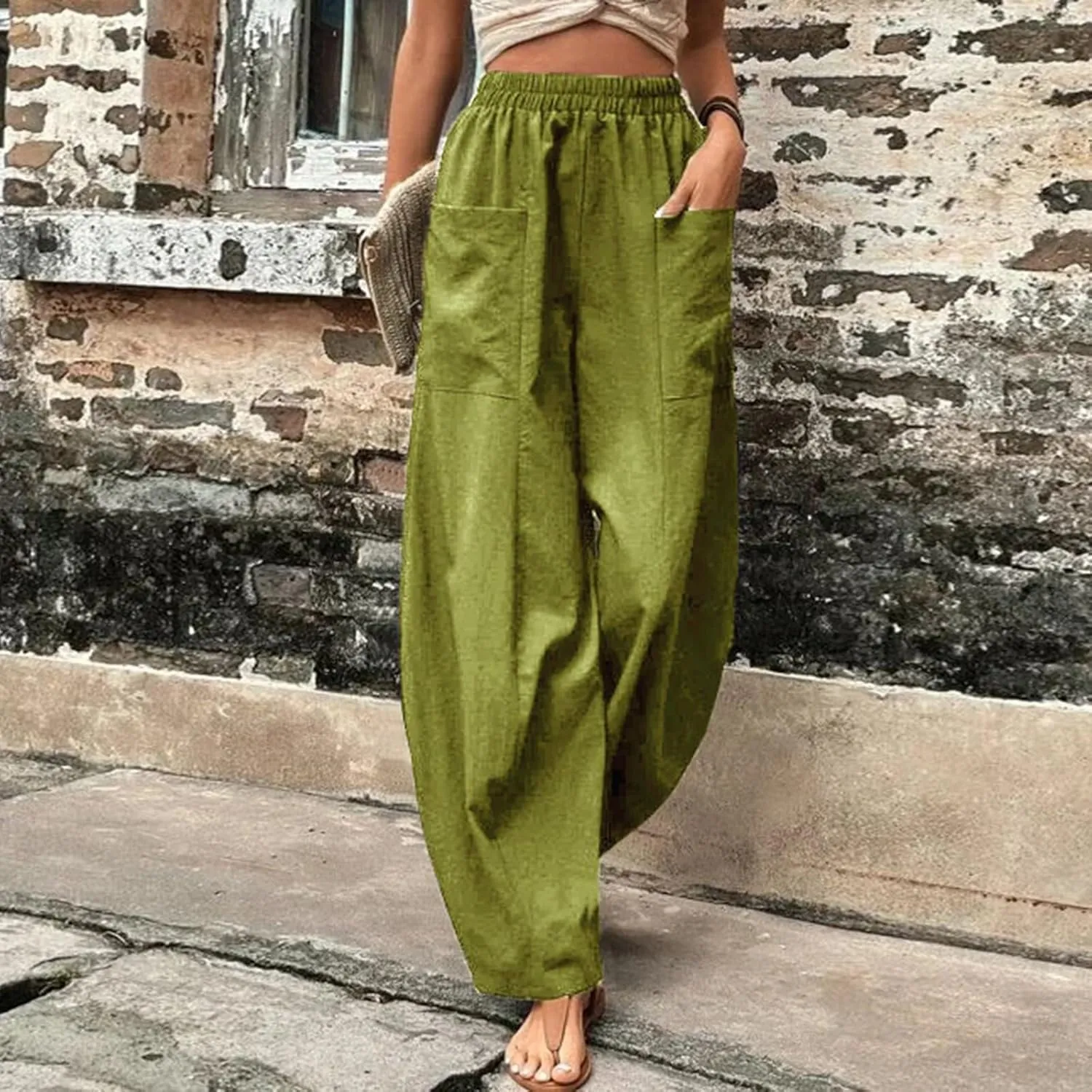 Miyaomn Women's Casual Solid Loose Harem Pants Elastic Waist Wide Leg Lantern Slacks Baggy Lounge Trousers with Front Pockets