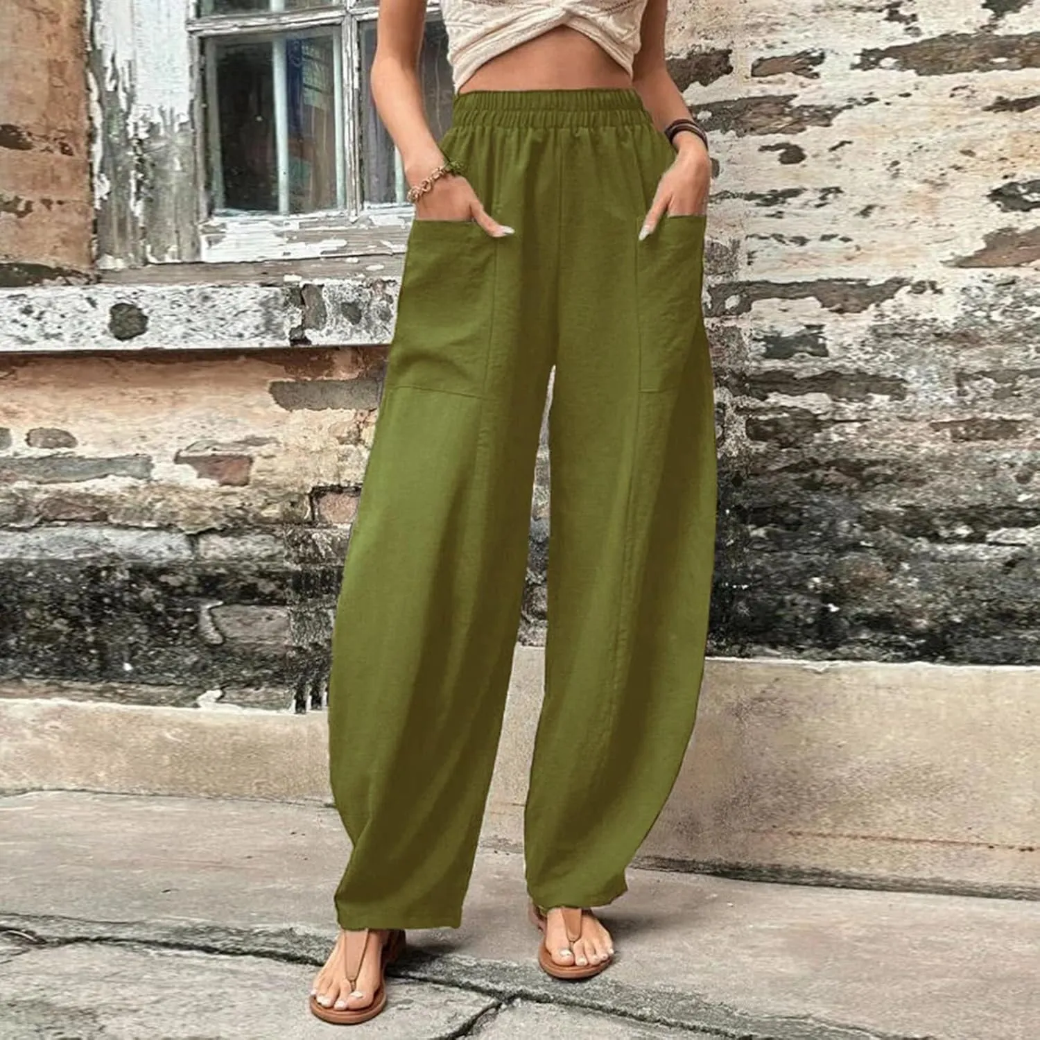 Miyaomn Women's Casual Solid Loose Harem Pants Elastic Waist Wide Leg Lantern Slacks Baggy Lounge Trousers with Front Pockets
