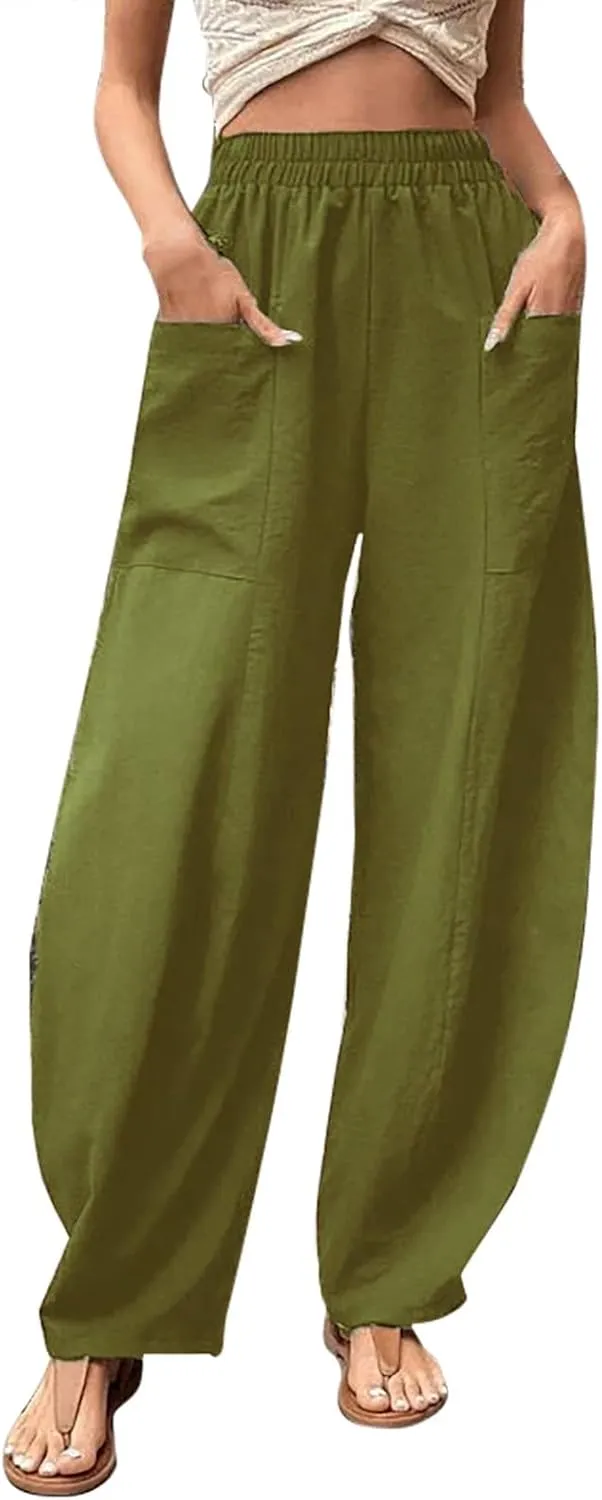 Miyaomn Women's Casual Solid Loose Harem Pants Elastic Waist Wide Leg Lantern Slacks Baggy Lounge Trousers with Front Pockets