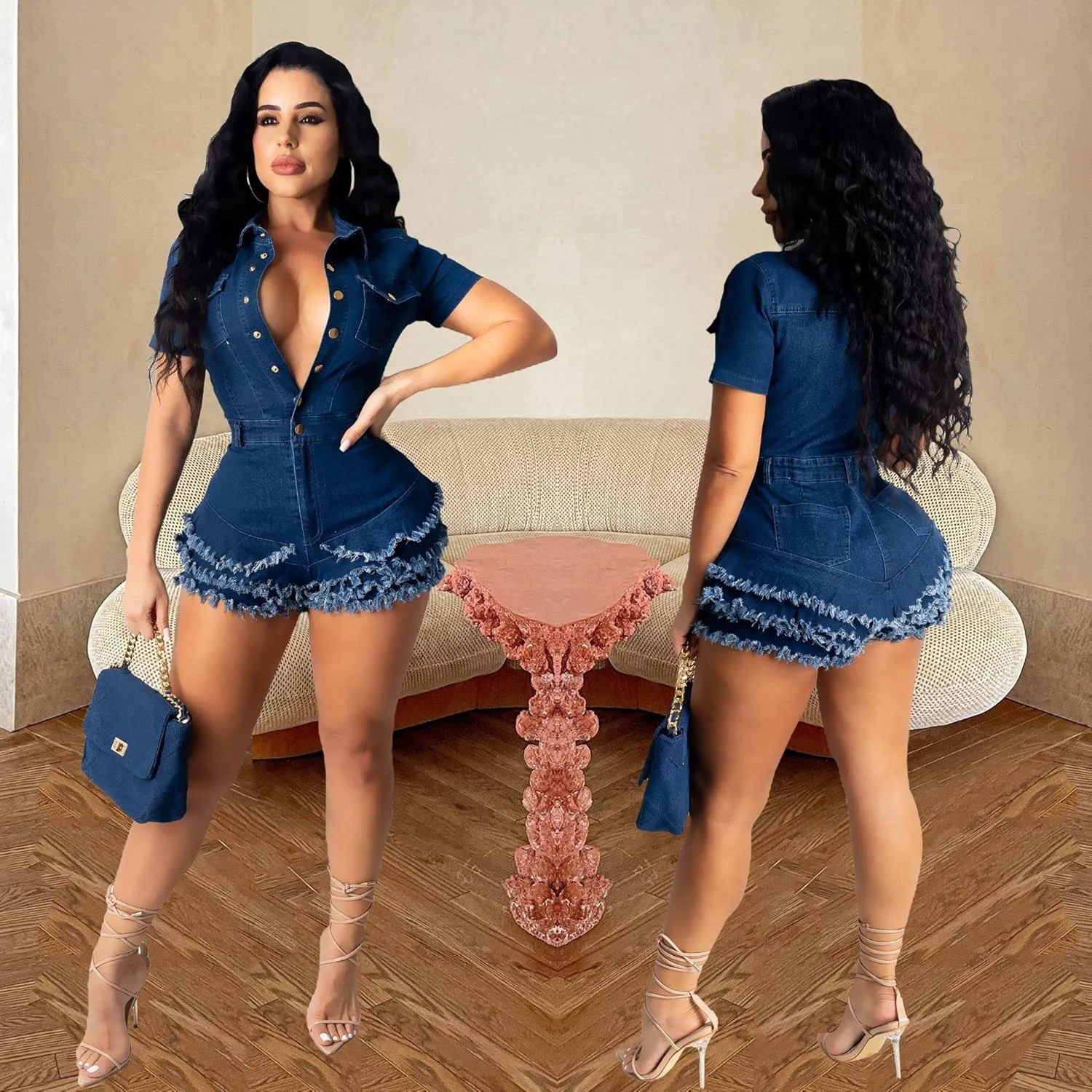 Molilove Denim Romper for Women Summer Bodycon Jeans Set One Piece Outfits Short Sleeve Button Down Y2k Jean Rompers
