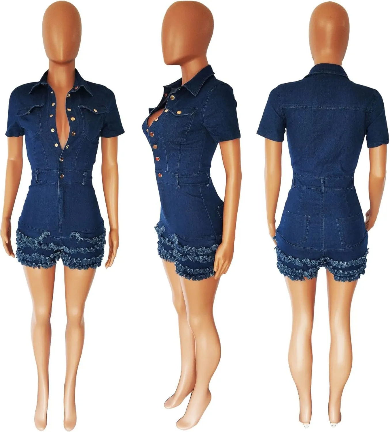 Molilove Denim Romper for Women Summer Bodycon Jeans Set One Piece Outfits Short Sleeve Button Down Y2k Jean Rompers