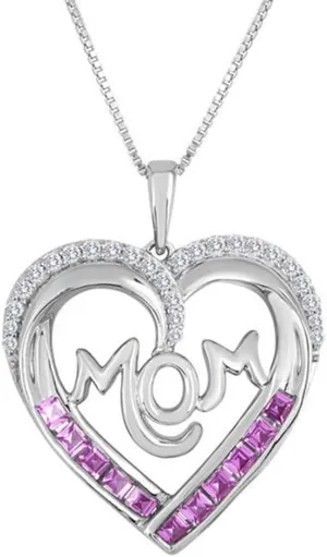 Mother's Day Spl Princess Cut Pink Sapphire & Diamond 14k White Gold Finish 925 Sterling Silver Mom Heart Pendant With 18" Chain