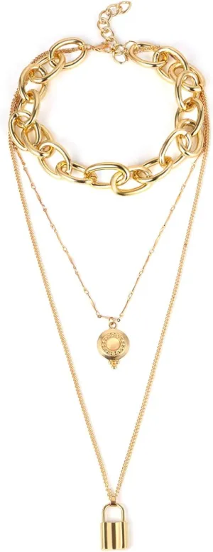 Multilayer Necklaces for Women, Dainty Layering Necklaces for Women Multi Layer Lock Pendant Chain Pendant Chain Necklaces Jewelry Gifts, 3 Layers, Gold