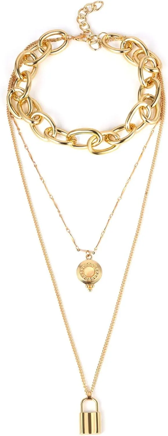 Multilayer Necklaces for Women, Dainty Layering Necklaces for Women Multi Layer Lock Pendant Chain Pendant Chain Necklaces Jewelry Gifts, 3 Layers, Gold