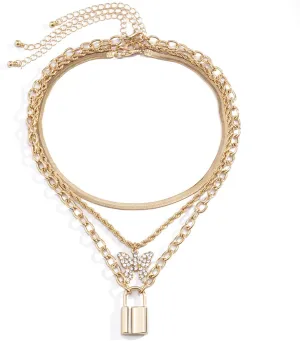 Multilayer Necklaces for Women Gold, Dainty Layered Necklaces for Women Butterfly Lock Pendant Chain Necklaces Jewelry Gifts for Birthday Wedding, 3 Pieces, Gold, 40CM