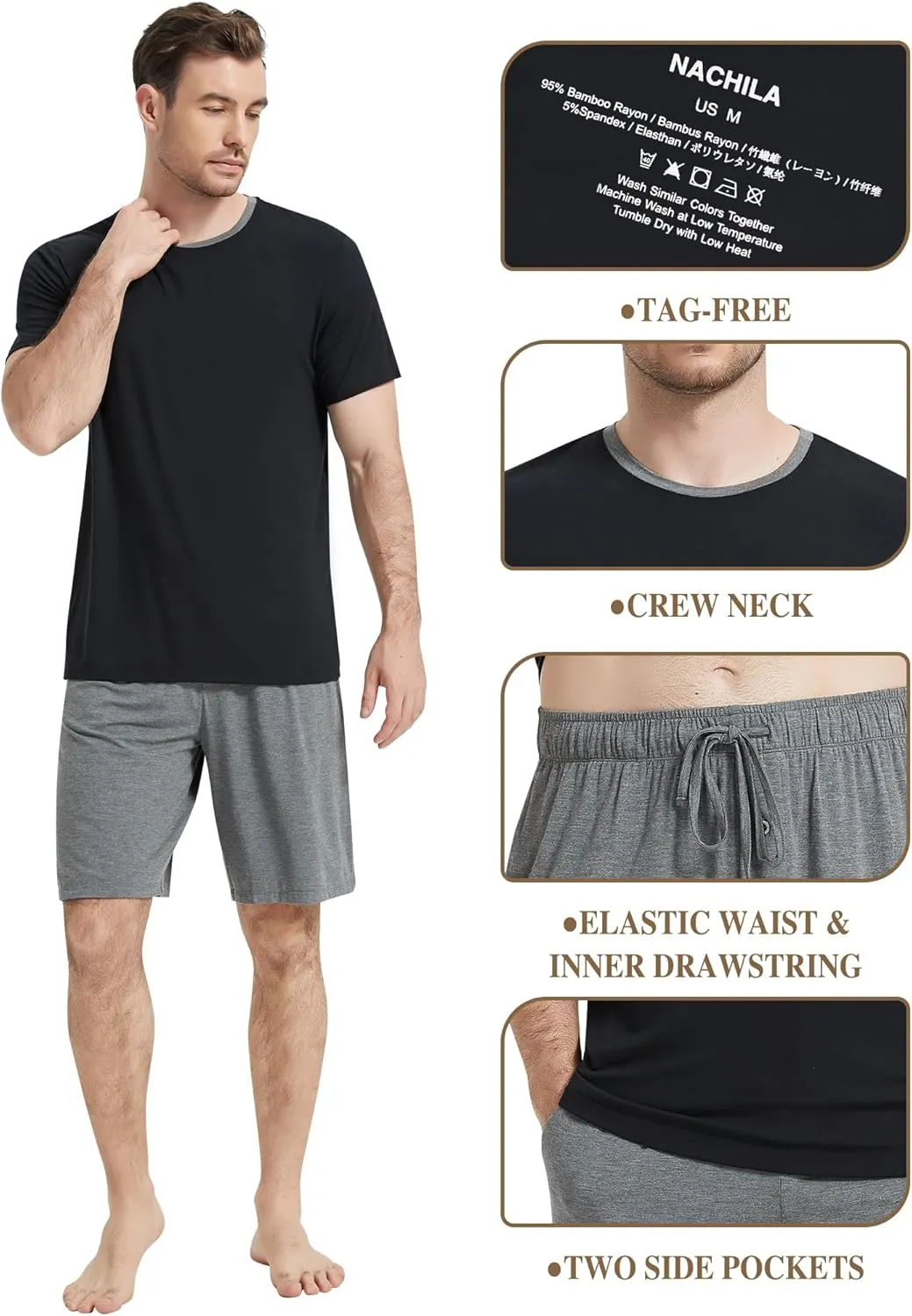 NACHILA Men's Pajamas-Viscose Made from Bamboo, Short Sleeve Summer Pjs Cooling Pajama Shorts Set Soft Sleepwear with Pockets