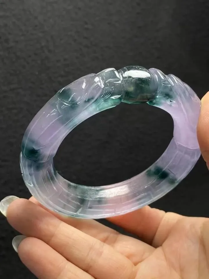 Natural Purple and Green Handcarved Jade Color Bangle- Jade Bangle from Myanmar For