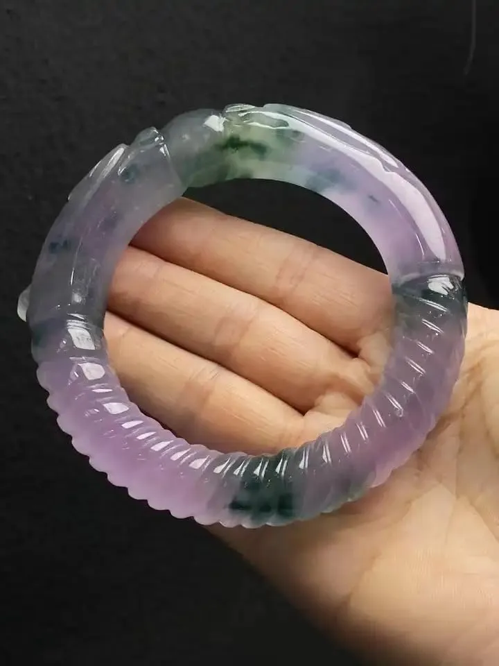 Natural Purple and Green Handcarved Jade Color Bangle- Jade Bangle from Myanmar For