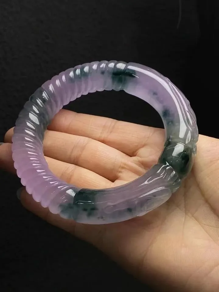 Natural Purple and Green Handcarved Jade Color Bangle- Jade Bangle from Myanmar For