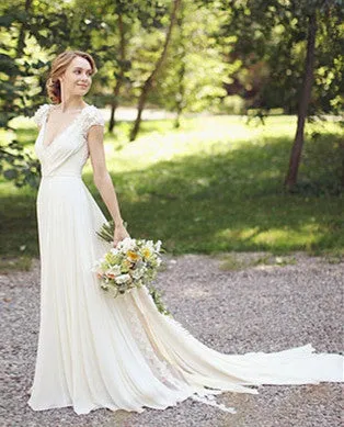 New Arrival Deep V-Neck Chiffon Bridal Gown A-Line Short Sleeve Ruffles Flower Wedding Dress