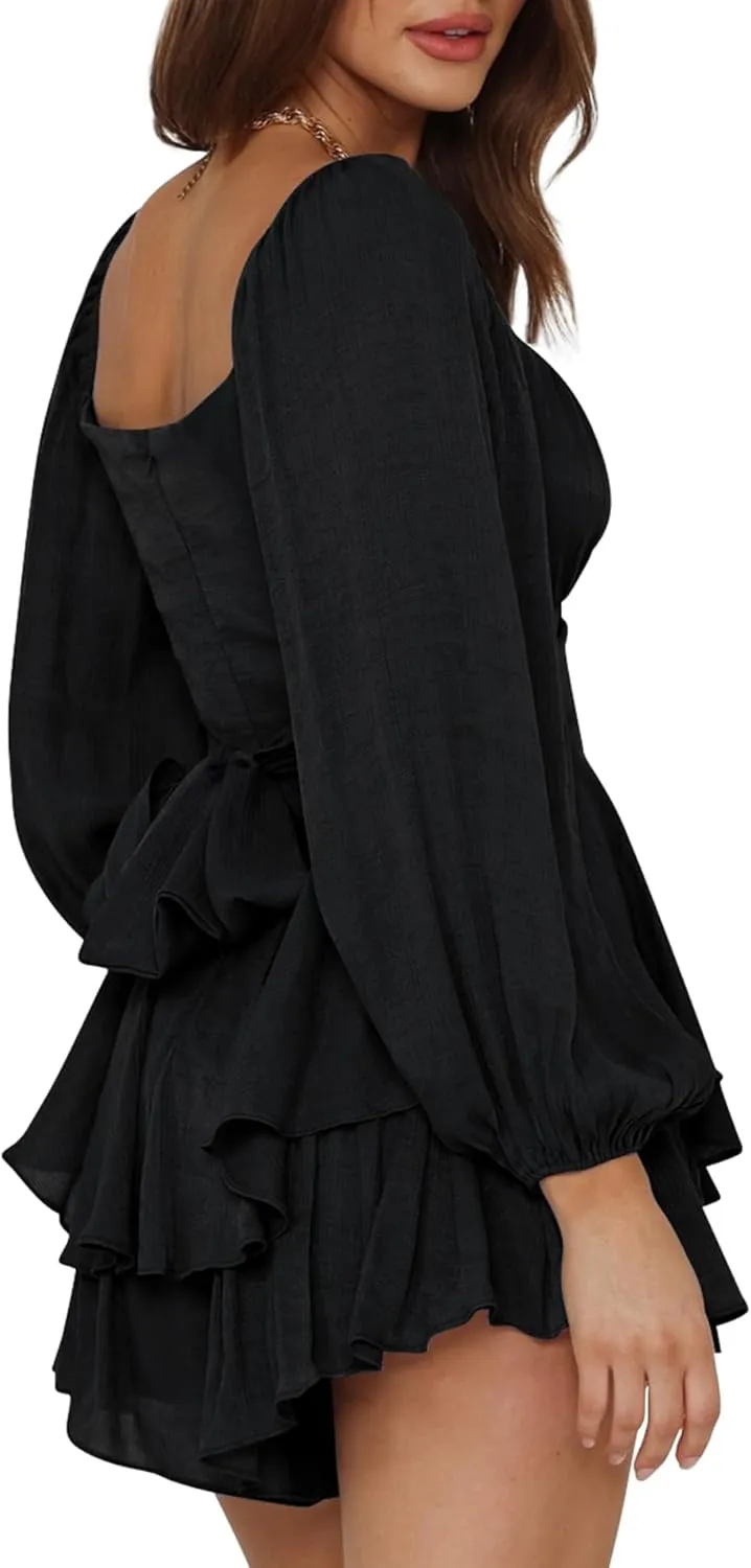 Off the Shoulder Rompers for Women Dressy Short/Long Sleeve Romper Ruffle Layer Back Tie Mini Short Jumpsuits