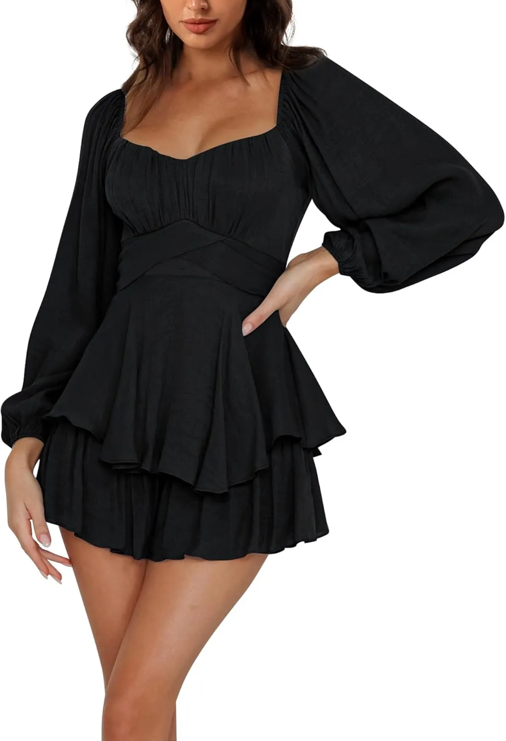 Off the Shoulder Rompers for Women Dressy Short/Long Sleeve Romper Ruffle Layer Back Tie Mini Short Jumpsuits