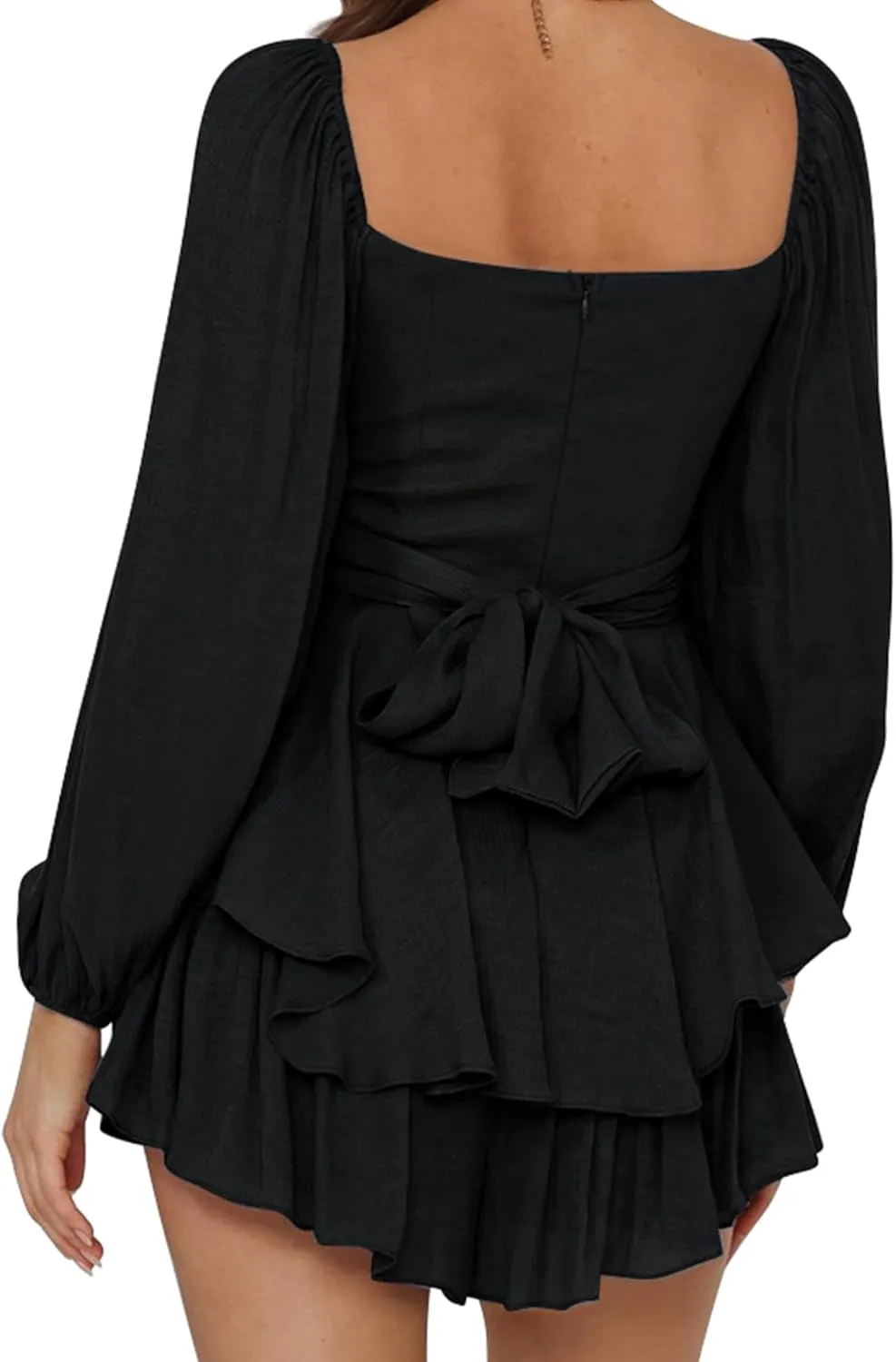 Off the Shoulder Rompers for Women Dressy Short/Long Sleeve Romper Ruffle Layer Back Tie Mini Short Jumpsuits
