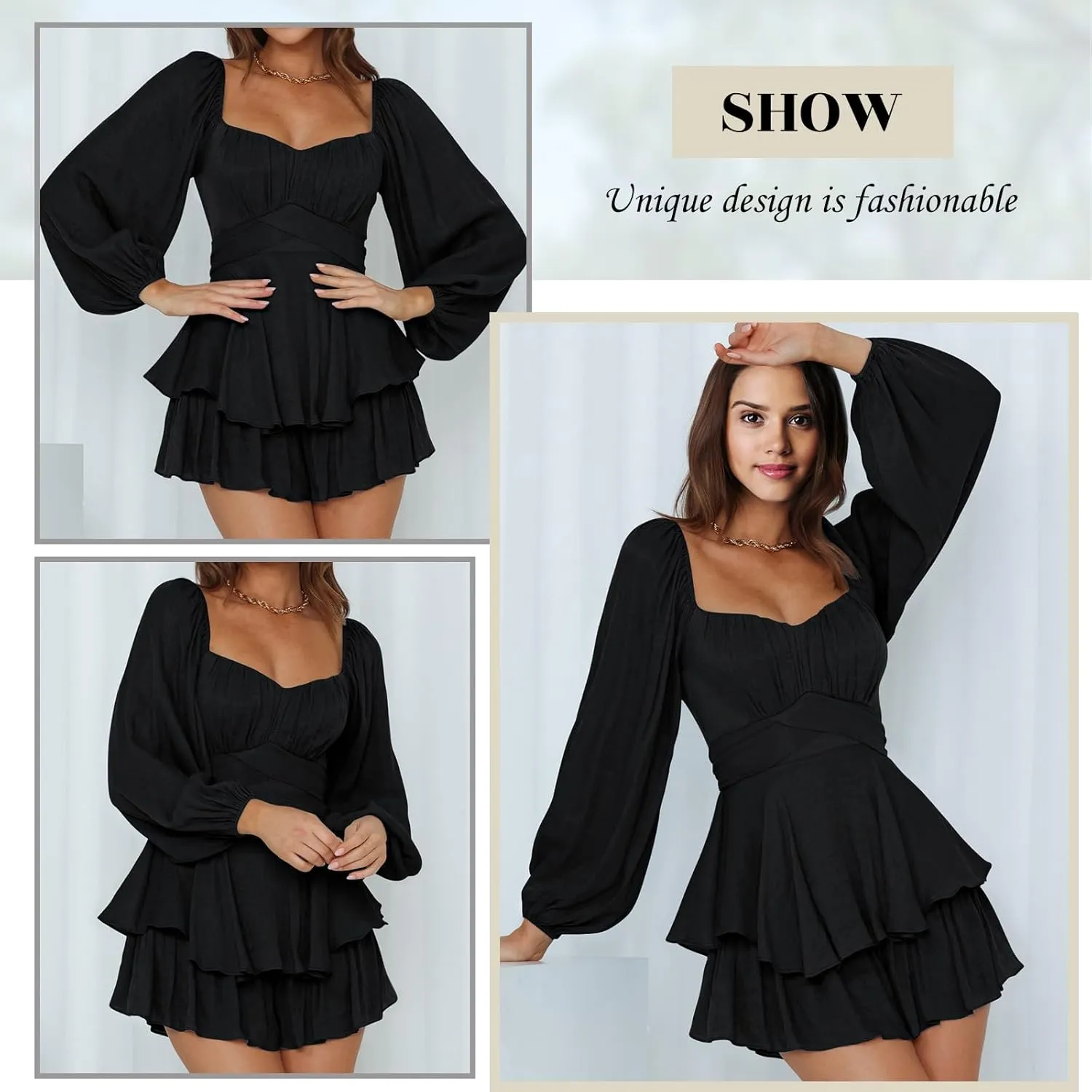 Off the Shoulder Rompers for Women Dressy Short/Long Sleeve Romper Ruffle Layer Back Tie Mini Short Jumpsuits