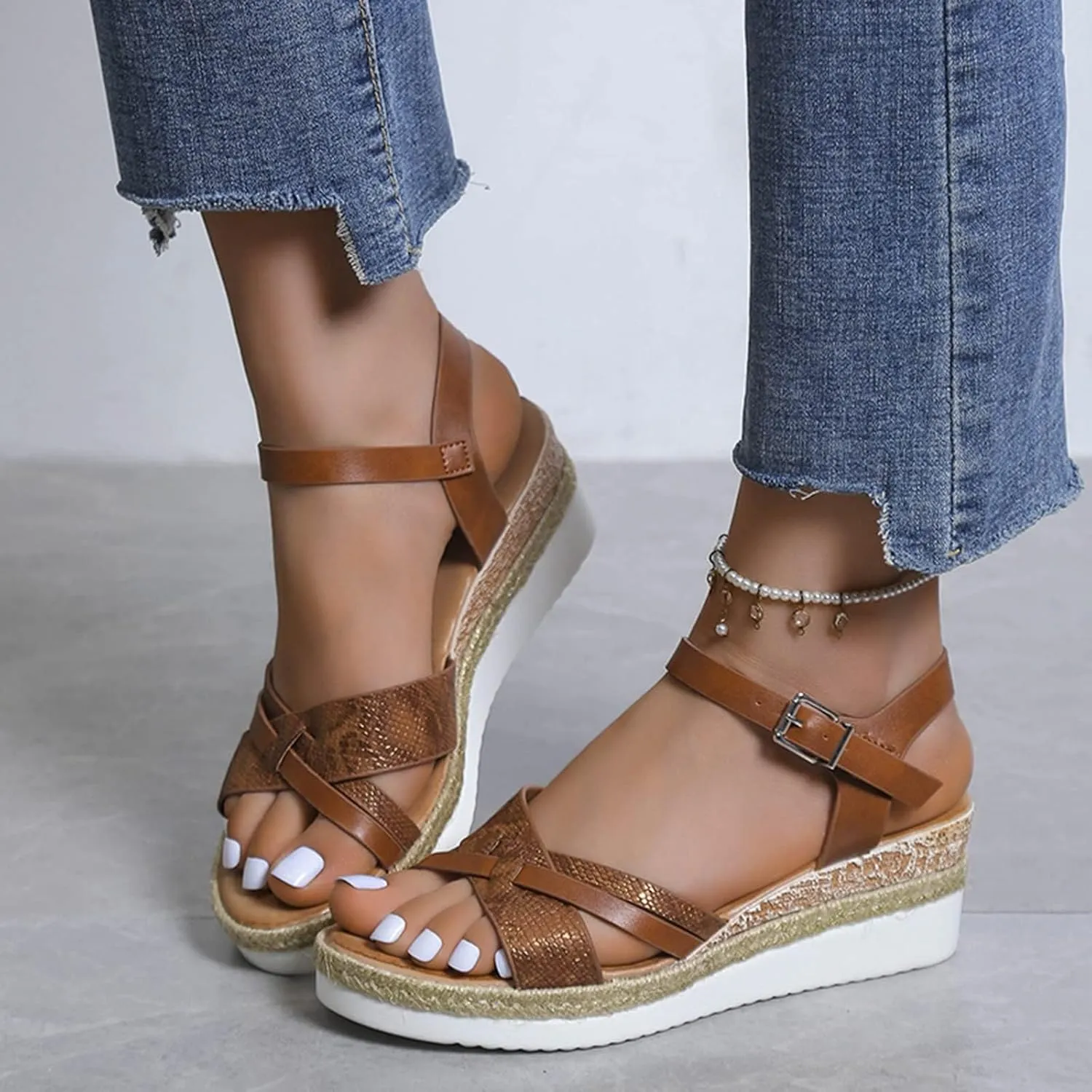 Orthopedic Sandals for Women Summer Platform Wedge Sandals Open Toe Cross Strap Espadrilles Sandal, Ankle Strap Slip on Dress Shoes Beach Boho Comfortable Outdoor Shoes
