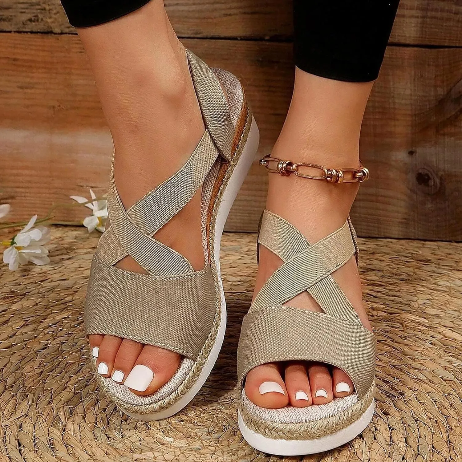 Orthopedic Sandals For Women Women Braided Wedge Platform Sandals Fish Mouth Heels Casual Elastic Strap Dress Flats Slides