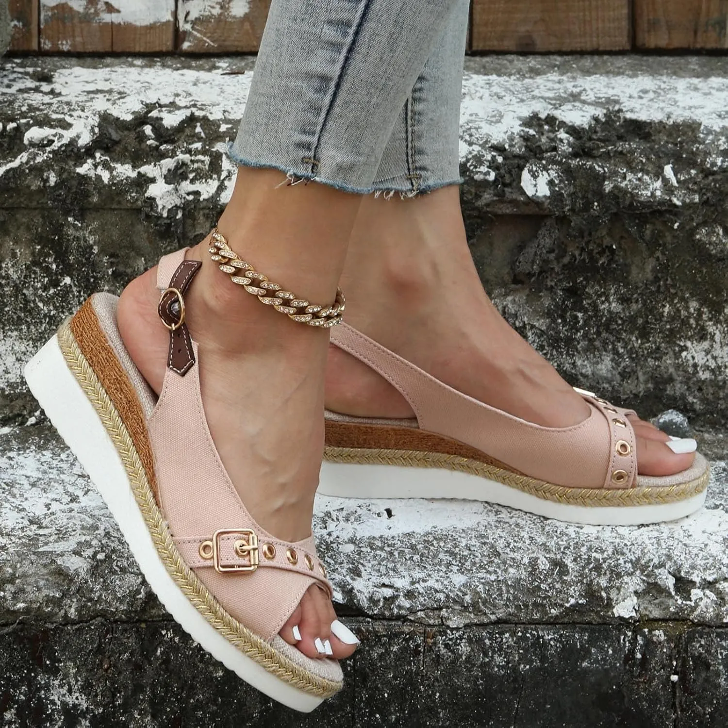Orthopedic Wedge Sandals for Women Arch Support Trendy Summer Y2K Solid Buckle Cute Dressy Peep Toe Thick Sole Walking Silppers Comfortable Walking Espadrilles Wedges Heels Platform Shoes