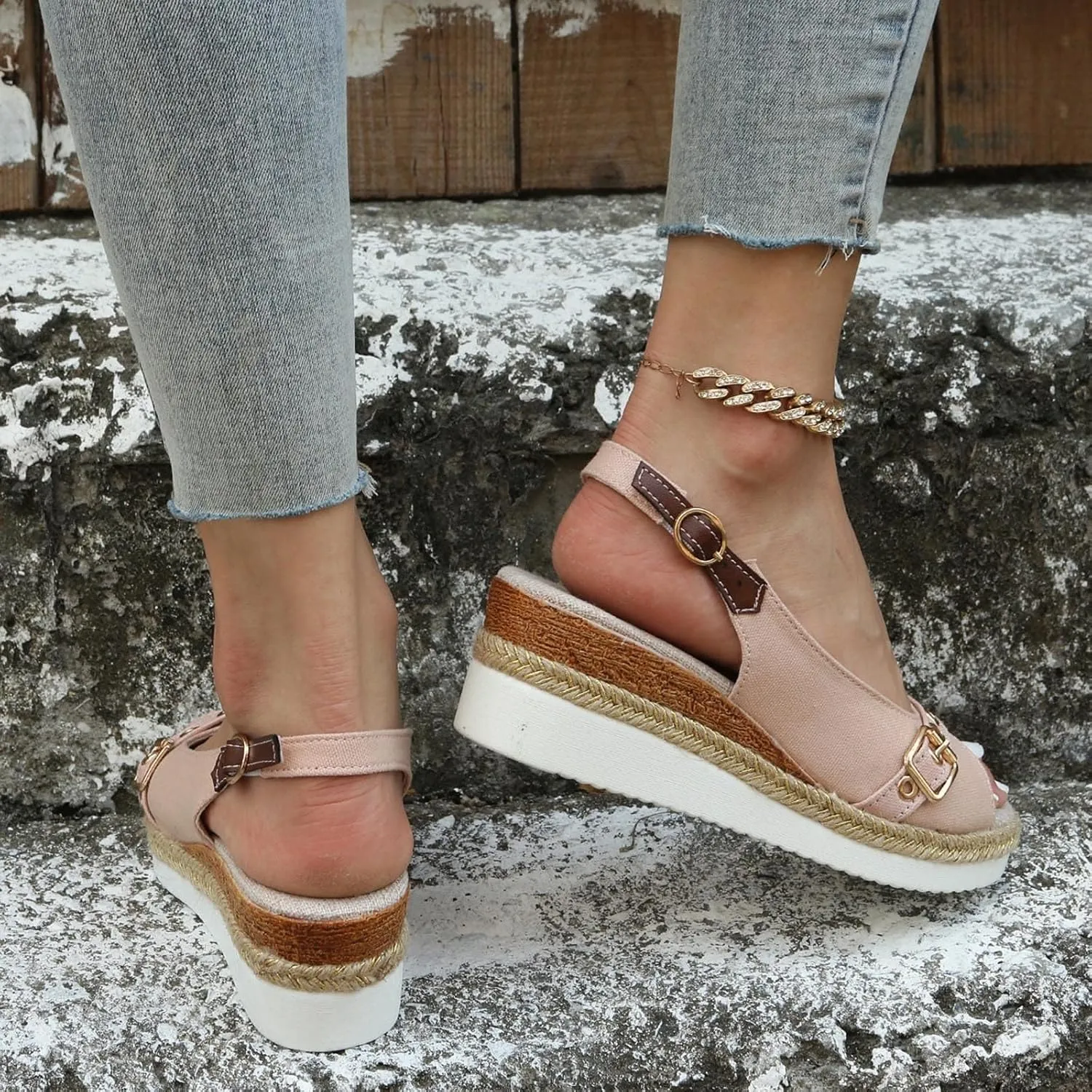 Orthopedic Wedge Sandals for Women Arch Support Trendy Summer Y2K Solid Buckle Cute Dressy Peep Toe Thick Sole Walking Silppers Comfortable Walking Espadrilles Wedges Heels Platform Shoes