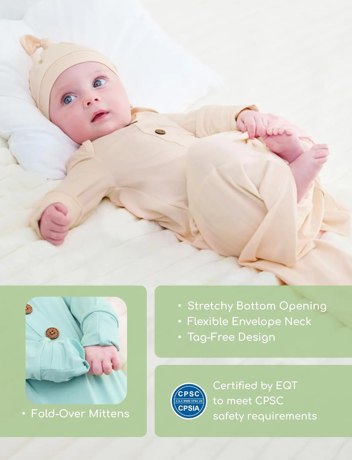 PATPAT Baby Sleeper Gown with Bamboo Viscose for Newborn Boy Girl Infant, Knotted Nightgown Sleep Sack with Mittens & Hat