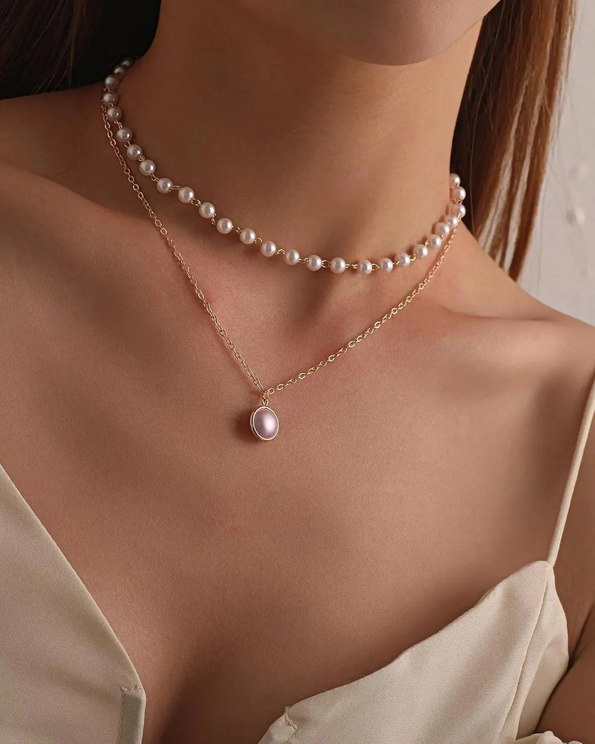Pearl Necklaces for Women 14k Gold Plated Layered Pearl Necklaces Dainty Pearl Pendant Necklace Freshwater Pearls Choker Necklace Wedding Pearl Necklaces Pearl Jewelry Gifts