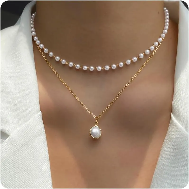 Pearl Necklaces for Women 14k Gold Plated Layered Pearl Necklaces Dainty Pearl Pendant Necklace Freshwater Pearls Choker Necklace Wedding Pearl Necklaces Pearl Jewelry Gifts